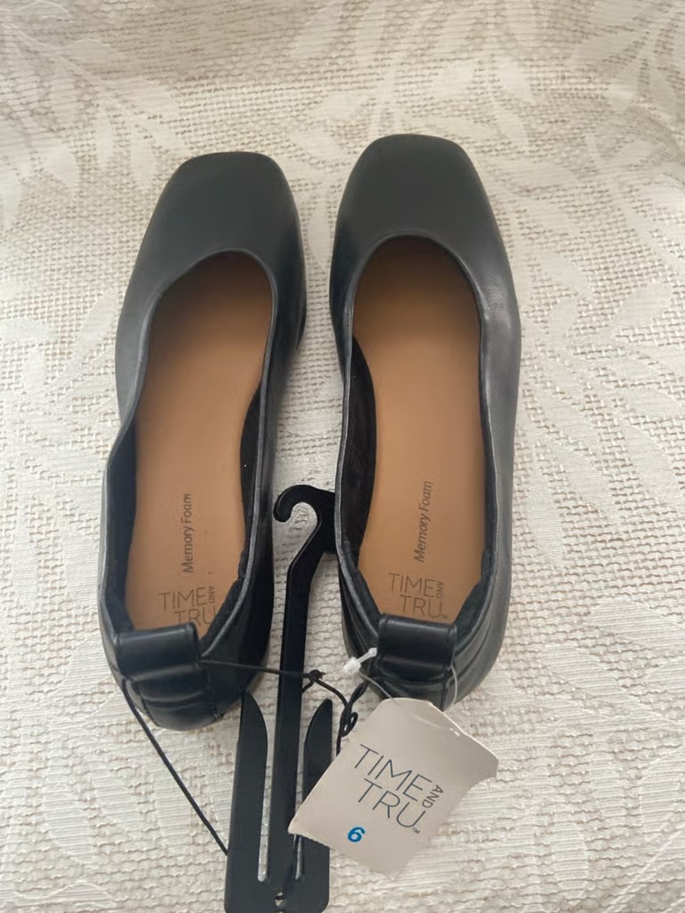 Time and Tru Black Square-Toe Ballet Flats with Memory Foam Comfort